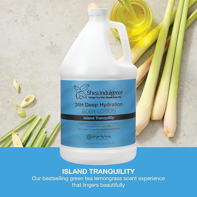 Ginger Lily Farms Botanicals Shea Indulgence 24H Deep Hydration Body Lotion, Island Tranquility, 100% Vegan & Cruelty-Free, Green Tea & Lemongrass Scent, 1 Gallon (128 fl oz) Refill