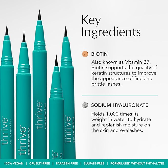 Thrive Causemetics Infinity Waterproof Black Liquid Eyeliner Pen, Eye Makeup Essential with Biotin for Women, Water Based Eyeliner, Feather Free Brush Tip, Vegan, Shade Lauren (Black Matte)