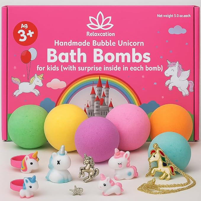 Organic Unicorn Bath Bombs for Girls with Surprise Toys Inside for Kids | Cute Unicorn Ring, Keychain, Necklace, Toys and Bonus Unicorn Purse - Christmas Gift Set Bath Balls with Unicorn Toys Inside
