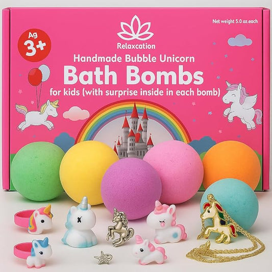 Organic Unicorn Bath Bombs for Girls with Surprise Toys Inside for Kids | Cute Unicorn Ring, Keychain, Necklace, Toys and Bonus Unicorn Purse - Christmas Gift Set Bath Balls with Unicorn Toys Inside