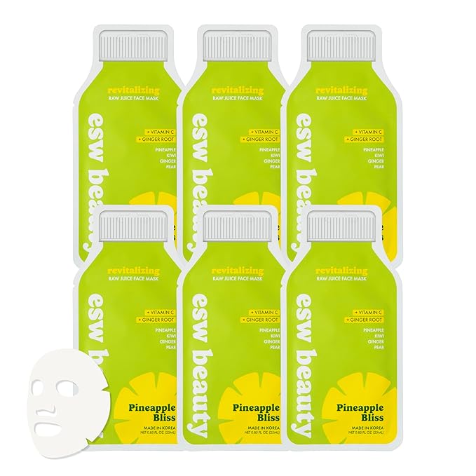 ESW Beauty Pineapple Bliss - Revitalizing Raw Juice Face Mask (6-Pack) - Brightening with Pineapple, Kiwi, Ginger & Pear for Dull, Uneven Skin - Enhances Radiance & Smoothness