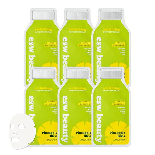 ESW Beauty Pineapple Bliss - Revitalizing Raw Juice Face Mask (6-Pack) - Brightening with Pineapple, Kiwi, Ginger & Pear for Dull, Uneven Skin - Enhances Radiance & Smoothness