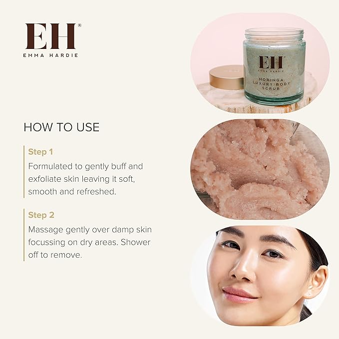 Emma Hardie 350g Moringa Luxury Body Scrub with Himalayan Pink Salt, Moringa and Sweet Almond Oil, Detoxifies and Exfoliates Skin, For All Skin Types, Vegan & Cruelty Free