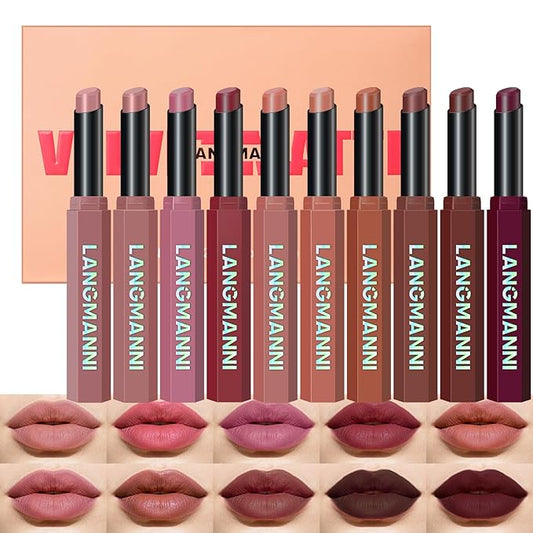 Jolilab 10Pcs Velvet Matte Lipstick Nude Matte Soft Dark Color Stick High Pigmented Long-Lasting Waterproof Lip Stick Lip Balm Beauty Cosmetics Gift for Women(Curated 10-Shade Set)