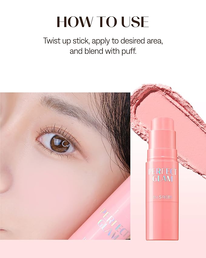 THESAEM Perfect Glam Stick Blusher with Blending Sponge PK01 Pink Fairy - Milky Pink Color Cream Blush Stick Balm for Cheeks - Silky Smooth Formula with Natural Dewy Finish, 0.2oz.