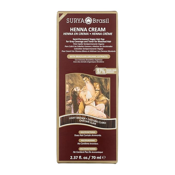 Surya Brasil Light Brown Natural Henna Cream Hair Color Treatment for Gray Hair Coverage, Deep Conditioning Semi Permanent Hair Dye, 2.37 oz / 70 ml