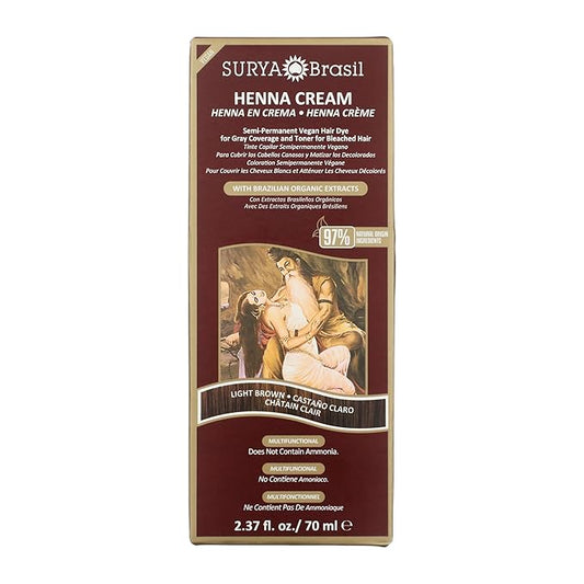 Surya Brasil Light Brown Natural Henna Cream Hair Color Treatment for Gray Hair Coverage, Deep Conditioning Semi Permanent Hair Dye, 2.37 oz / 70 ml