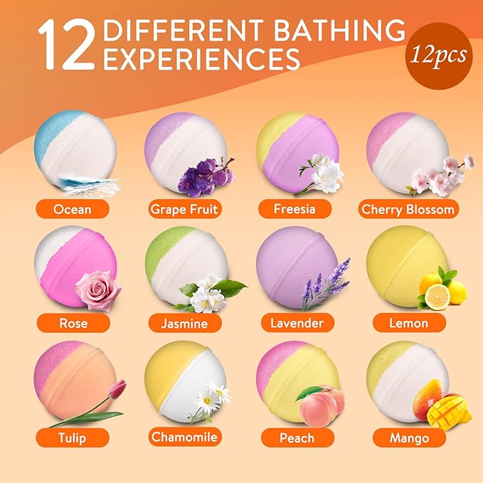 Bath Bombs for Women, 12 Pack Handmade Natural Fizzies Bath Bombs with 12 Unique Scents, Relaxing Bubble Bath for Dry Skin Moisturizing, Essential Oils Bathbomb Spa Gift Set for Mom, Wife, Girl