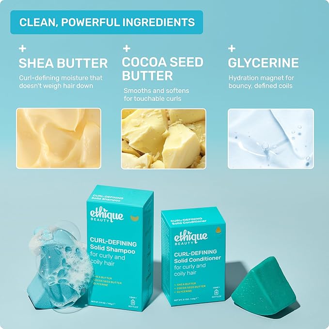 Ethique Beauty Mini Sampler Solid Shampoo & Conditioner Bar Set - Curl-Defining Shampoo & Conditioner with Shea Butter - Plastic-Free, Cruelty-Free, Vegan - Travel Size - 2 Pack