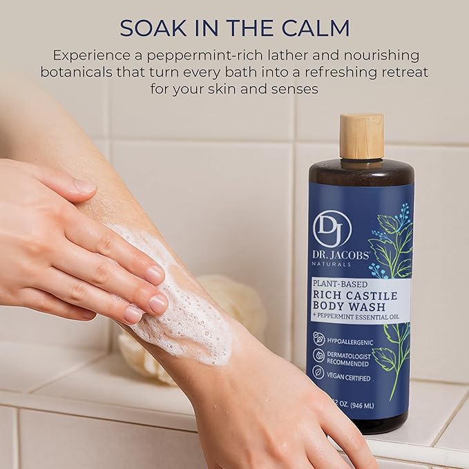Dr. Jacobs Naturals Pure Castile Soap Liquid Body Wash, Peppermint - Plant Based Soap Infused with Vitamin E and Aloe Vera to Moisturize Dry and Sensitive Skin - Made in The USA - 32 oz, Pack of 1