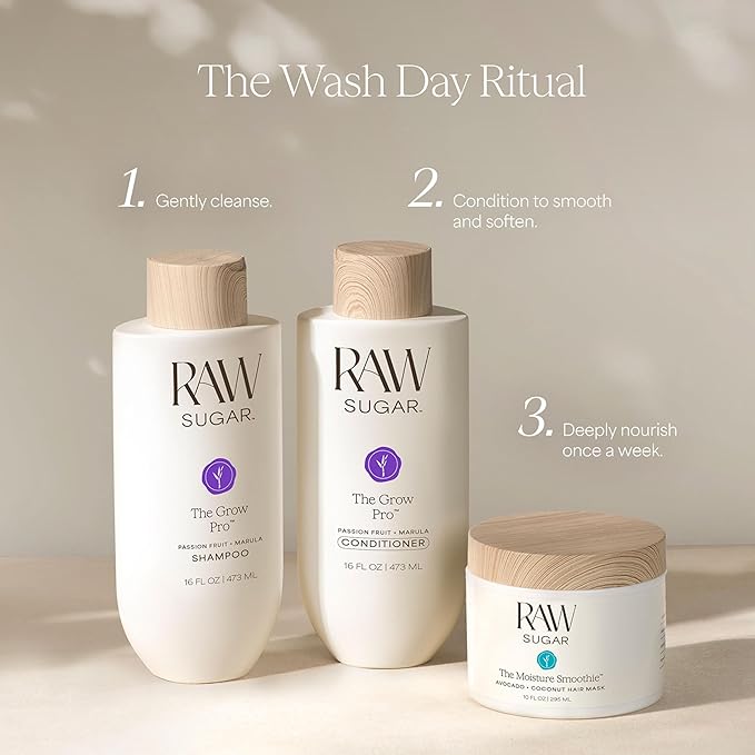 Raw Sugar Grow Pro Hair Care Bundle- Shampoo & Conditioner with Vegan Biotin for Anti-Thinning & Pro-Lengthening, Passion Fruit & Marula for Fuller Hair, Formulated without SLS/SLES or Parabens