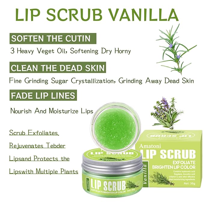 4-Color Fruit-Flavored Lip Scrub for Dry, Cracked & Dark Lips – Exfoliating & Moisturizing Lip Care with Organic Ingredients, Lip Brush – Vegan, Cruelty-Free (20g) (Vanilla flavor, 1PC)