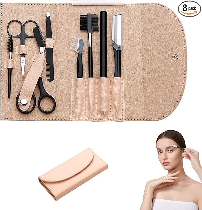 8PCS/SET Professional Eyebrow Shaping Grooming Kit - Beauty Tools Set with Leather Bag Eyebrow Grooming Kit for Women & Men, Eyebrow Trimming Kit With Razor Eyebrow Scissors and Brush with Comb Khaki