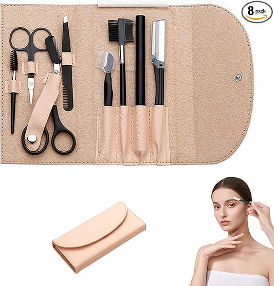 8PCS/SET Professional Eyebrow Shaping Grooming Kit - Beauty Tools Set with Leather Bag Eyebrow Grooming Kit for Women & Men, Eyebrow Trimming Kit With Razor Eyebrow Scissors and Brush with Comb Khaki