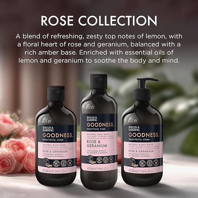 Baylis & Harding Goodness Rose & Geranium Natural Body Wash 16.9 fl. oz (Pack of 3) - Biodegradable Formula - Vegan Friendly