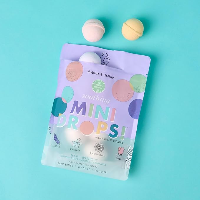 Dabble & Dollop Mini Bath Bombs, 100% Natural Droplets for Kids, Soothing Scents - Resealable Pouches, Fizzy, Moisturizing & Fun, Vegan, Gluten-Free, Cruelty-Free (Set of 24)