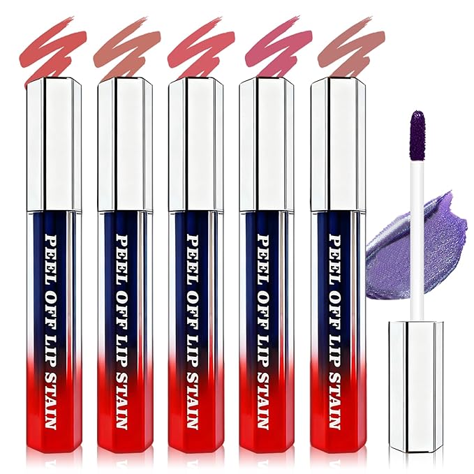 5 Colors Lip Stain Peel Off Lip Liner Stain, Matte Finish Peel Off Lip Stain Tint Long-Lasting Waterproof, Transfer-Proof, All-Day LipStain for Women, Vegan & Cruelty-Free