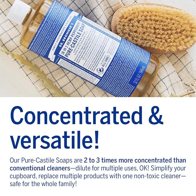 Dr. Bronner's - Pure-Castile Liquid Soap (Peppermint, 32 ounce and 2oz bundle) - Made with Organic Oils, 18-in-1 Uses: Face, Body, Hair, Laundry, Pets & Dishes, Concentrated, Vegan, Non-GMO