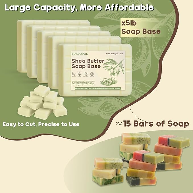 5lb Glycerin Soap Base - Scented Melt and Pour Soap Base for DIY Crafting, Easy to Cut, Vegan and Cruelty-Free, Moisturizing and Gentle on Skin, Perfect for Soap Making Supplies (Shea Butter, 5 Pound)