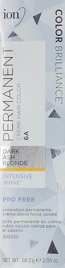 ion Permanent Creme Hair Color 6A Dark Ash Blonde, Vegan, Cruelty Free, PPD Free, 100% Gray Coverage, LongLasting, FadeResistant Color, 2.05 oz