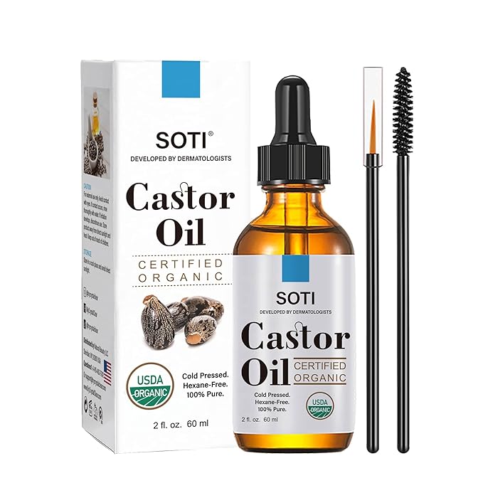 Soti Organic Castor Oil, USDA Certified 100% Pure, Cold Pressed, Hexane Free (2oz), Eyelash Serum for Brows, Eyelashes Growth, Hair, Skin Moisturizer, Vegan, Undiluted, Glass Bottle (2oz)