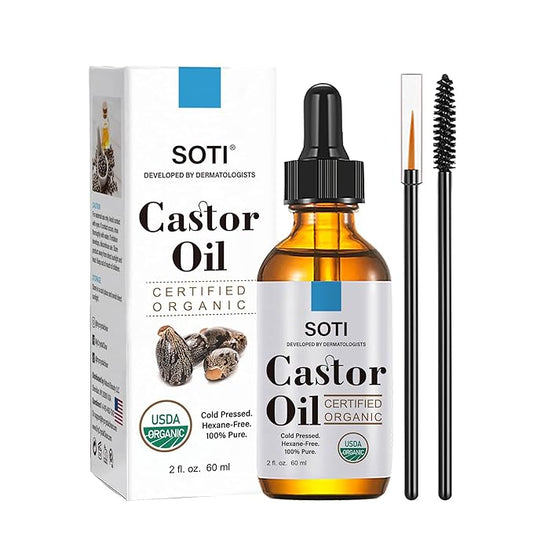 Soti Organic Castor Oil, USDA Certified 100% Pure, Cold Pressed, Hexane Free (2oz), Eyelash Serum for Brows, Eyelashes Growth, Hair, Skin Moisturizer, Vegan, Undiluted, Glass Bottle (2oz)