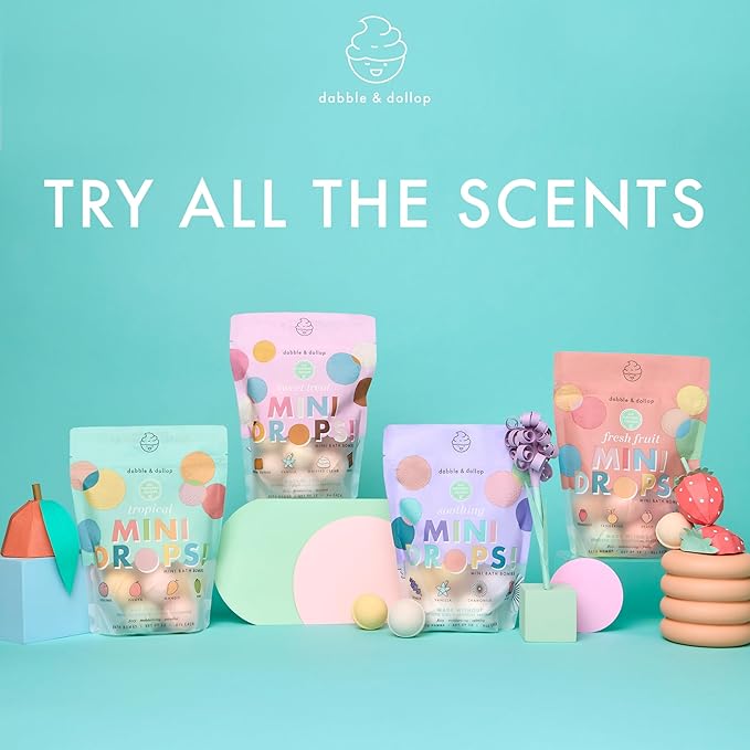 Dabble & Dollop Mini Bath Bombs, Natural Droplets for Kids, Sweet Treat Scents - Resealable Pouches, Fizzy, Moisturizing & Fun, Vegan, Gluten-Free, Cruelty-Free (Set of 36)