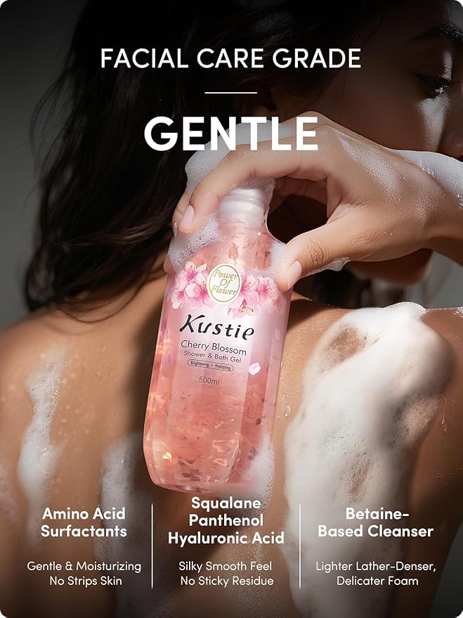 Kustie Petal Body Wash - Cherry Blossom Petals - Squalane & Hyaluronic, Antioxidant, Balance & Hydrate Skin丨Nature Sakura & Niacinamide丨Paraben, Phthalate Free for Sensitive & Dry Skin, 16.9 fl oz