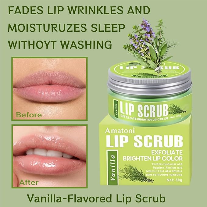 4-Color Fruit-Flavored Lip Scrub for Dry, Cracked & Dark Lips – Exfoliating & Moisturizing Lip Care with Organic Ingredients, Lip Brush – Vegan, Cruelty-Free (20g) (Vanilla flavor, 1PC)