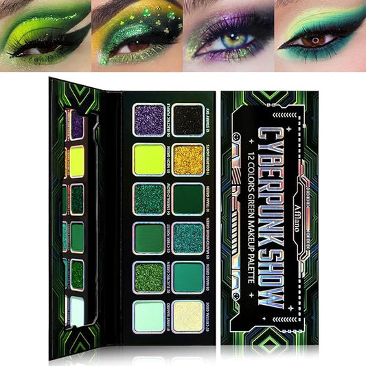 Green Eyeshadow Makeup Palette, 12 Colors Wicked Green Glitter Holographic Eyeshadow with Matte Shimmer for Brown Eyes, Pigmented Silky Long Lasting Purple Gold Eye Shadow for Carnival, Party, Vegan