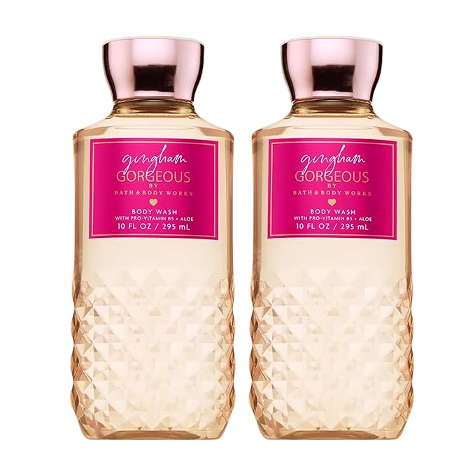 Bath & Body Works Gingham Gorgeous Body Wash, Nourishing Cleanser with Pro-Vitamin B5 & Aloe – Pink Strawberries, Peony Blooms, and Peach Nectar, Gentle for Daily Use, 10 fl oz - 2 Pack