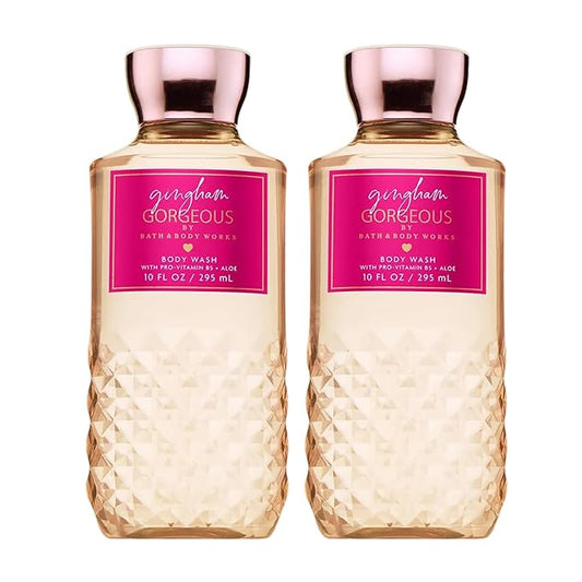 Bath & Body Works Gingham Gorgeous Body Wash, Nourishing Cleanser with Pro-Vitamin B5 & Aloe – Pink Strawberries, Peony Blooms, and Peach Nectar, Gentle for Daily Use, 10 fl oz - 2 Pack