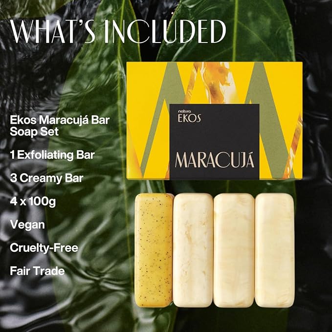 natura - Ekos Maracujá Creamy & Exfoliating Bar Soap Set (4 Pack) - 1 Exfoliating Bar, 3 Creamy Bars - Pure Plant Based Oils - Vegan Skin Care - Brazilian Beauty Secrets - Self Care - 3.5oz (100g)