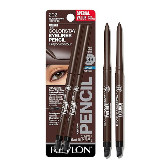 Revlon ColorStay Pencil Waterproof Eyeliner, Smudge-Proof, Eye Makeup with Built-In Sharpener, 202 Black Brown, 2 pack