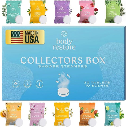 Body Restore Shower Steamers Aromatherapy 30 Pack – Birthday Gifts for Women, Men, Easter Basket Stuffers, Stress Relief, Relaxation, Self Care – Collector’s Box
