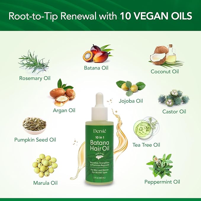 Hair Growth Oil with Batana and Rosemary: 10-in-1 Natural Hair Growth Treatment for Hair Loss, Damage & Thinning Hair - 10 Organic Vegan Oils for Men and Women of All Hair Types - 2 fl oz