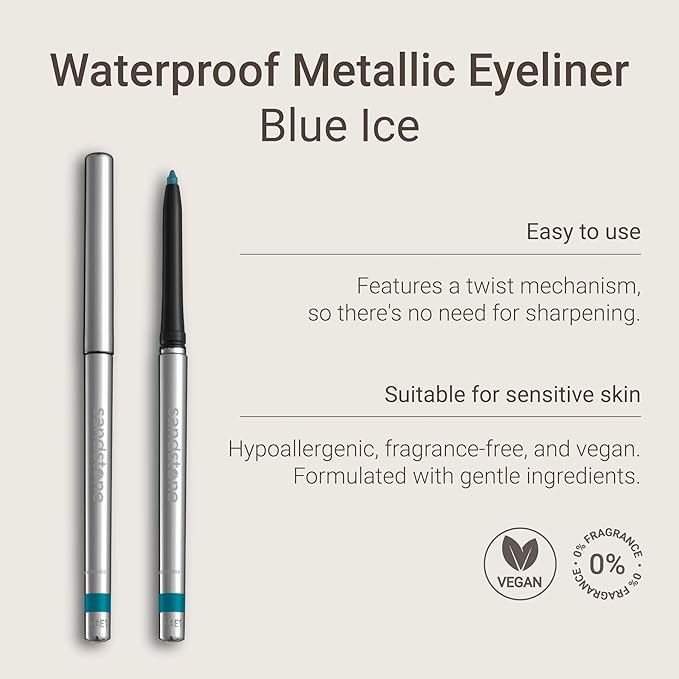 Sandstone Scandinavia Hypoallergenic Waterproof Metallic Eyeliner Pencil – Blue – Fragrance-Free, Vegan – Smudge-Proof Eye Liner for Sensitive Eyes