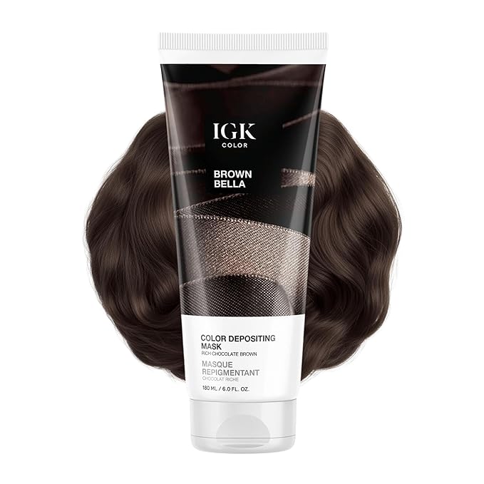 IGK Brown Bella Color Depositing + Conditioning Hair Mask | Chocolate Brown - Brunette Espresso Tones | Hydrating Semi-Permanent Gloss Toner Treatment