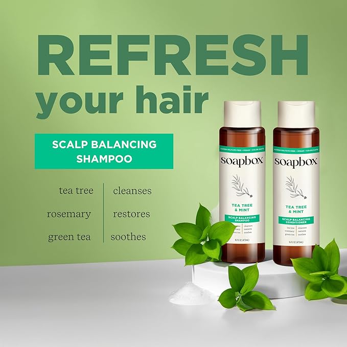 Soapbox Tea Tree Shampoo and Conditioner Set | Tea Tree Oil, Jojoba Oil, Aloe & Shea Butter to Clean & Purify All Hair Types | Paraben Free, Silicone Free, Harsh Sulfate Free | 16oz (Pack of 2)