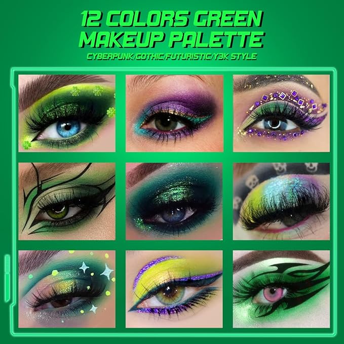 Green Eyeshadow Makeup Palette, 12 Colors Wicked Green Glitter Holographic Eyeshadow with Matte Shimmer for Brown Eyes, Pigmented Silky Long Lasting Purple Gold Eye Shadow for Carnival, Party, Vegan