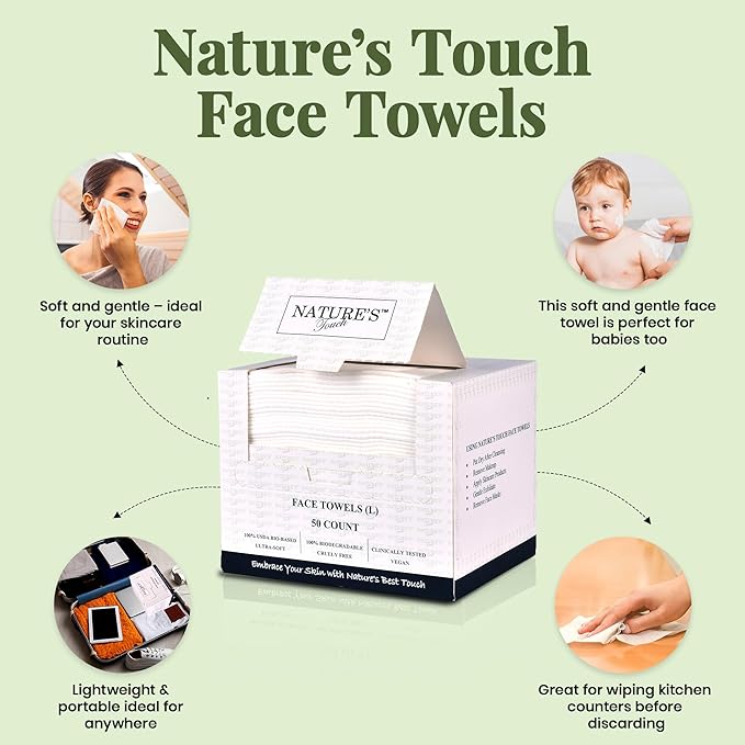 Nature’s Touch Face Towels, Biodegradable Viscose, 100% USDA Biobased, Disposable Face Towelette, Ultra Soft, Vegan, OEKO-TEX Certified, Travel, Skincare, Beauty Routine Use, 10"x12", Pack of 1, 50 Ct