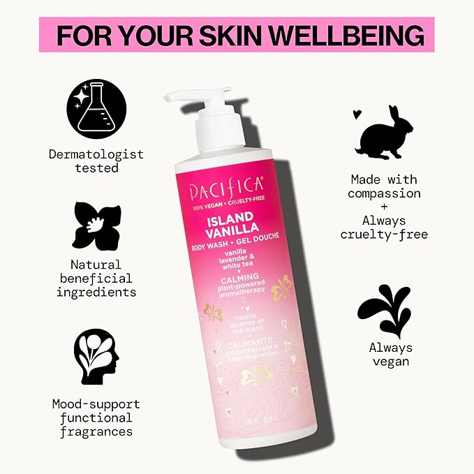 Pacifica Island Vanilla Body Wash Aloe + Hyaluronic Acid,Daily Cleansing,Bath&Shower Gel,Essential Oils,Clean,Vegan + Cruelty&Paraben Free,Clean Beauty Vegan Dermatologist Tested,12 Fl Oz,(Pack of 2)