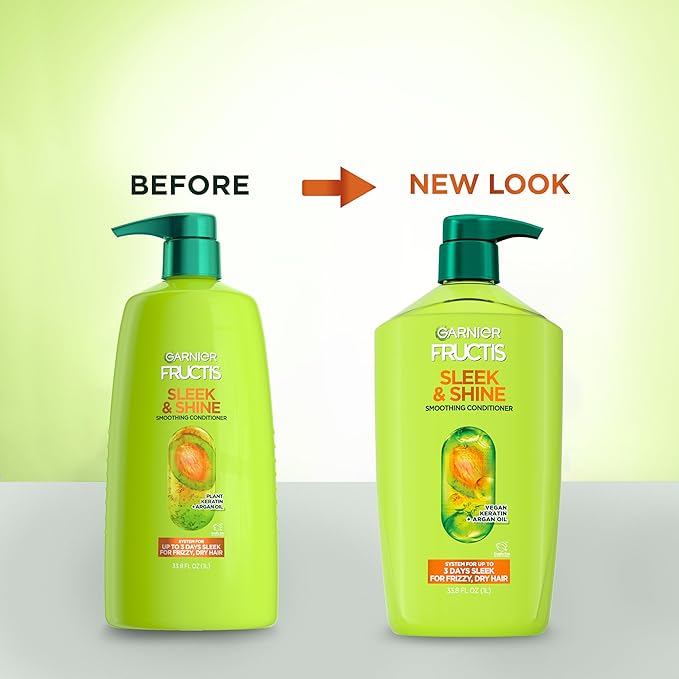 Garnier Fructis Sleek & Shine Conditioner, Smoothing Conditioner for Frizzy, Dry Hair with Argan Oil and Vegan Keratin, 33.8 Fl Oz (Packaging May Vary) (Pack of 2)