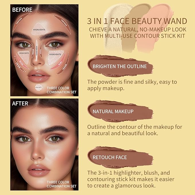 3Pcs Cream Contour Stick Makeup Kit, Shades with Highlighter, Blush and Bronzer Contour Stick for Cheeks, Lips, Eyes, Natural Face Contouring, Long Lasting, Waterproof, Matte Finish (Set B, S)