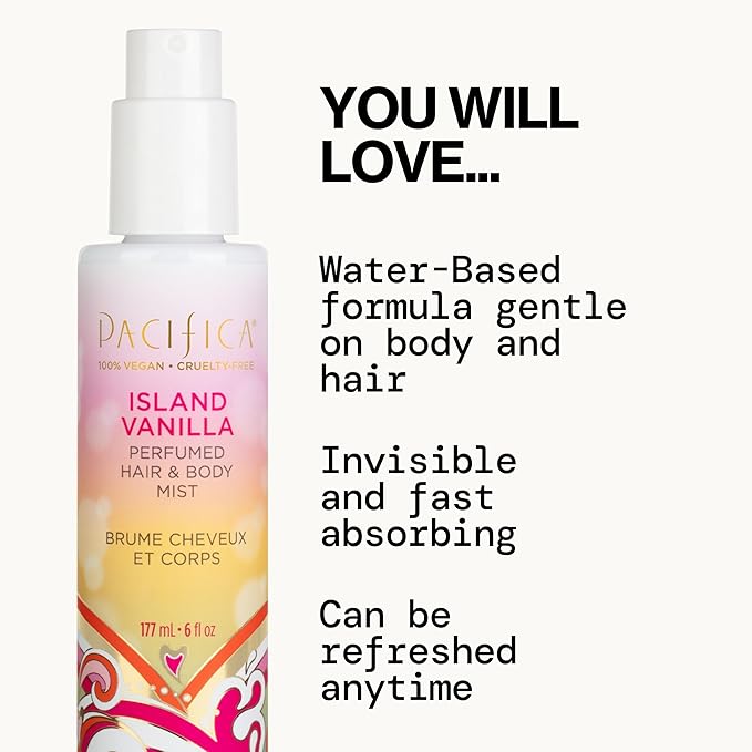 Pacifica Island Vanilla Spray Perfume & Hair and Body Mist Set – Tahitian Vanilla Clean Fragrance Duo, Essential Oil Blend, Alcohol-Free Hair/Body Mist Clean Beauty 100% Vegan & Cruelty-Free