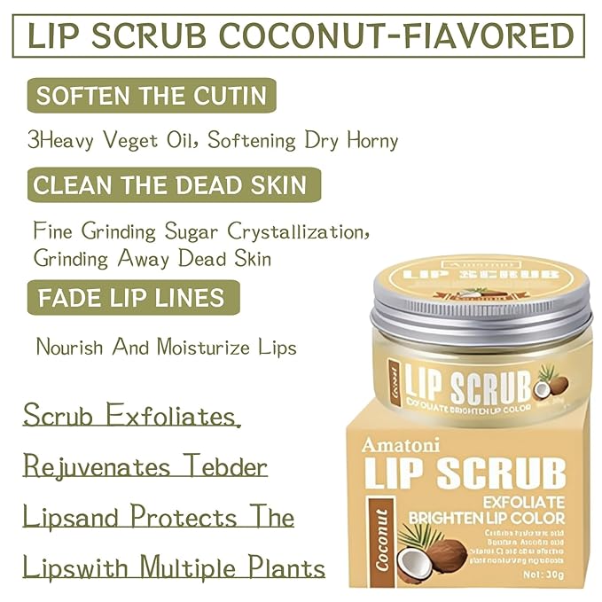 4-Color Fruit-Flavored Lip Scrub for Dry, Cracked & Dark Lips – Exfoliating & Moisturizing Lip Care with Organic Ingredients, Lip Brush – Vegan, Cruelty-Free (20g) (Coconut flavor, 1PC)