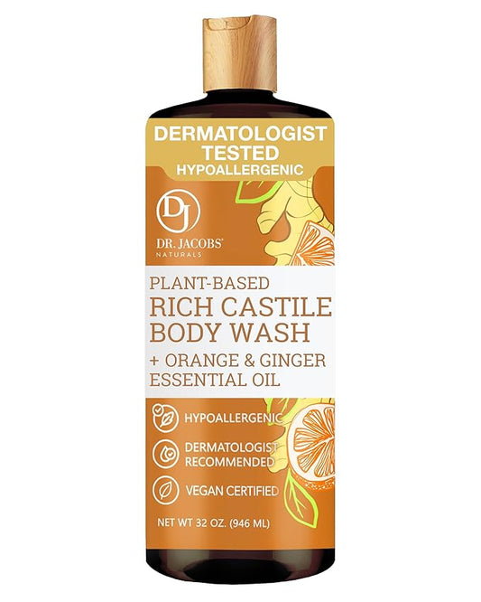 Dr. Jacobs Naturals Pure Castile Soap Liquid Body Wash, Orange & Ginger - Plant Based Soap Infused with Vitamin E & Aloe Vera to Moisturize Dry and Sensitive Skin - Made in The USA - 32 oz, Pack of 1