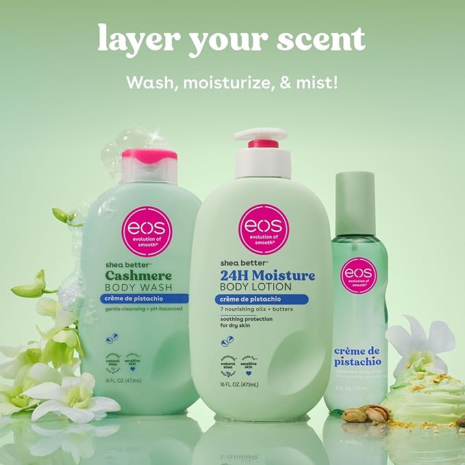 eos Cashmere Body Mist, Crème de Pistachio, Body Spray for Women, Pistachio Perfume, Hair Mist, Moisturizing, Hyaluronic Acid, Glycerin, Vegan, Cruelty-free, 6 fl oz