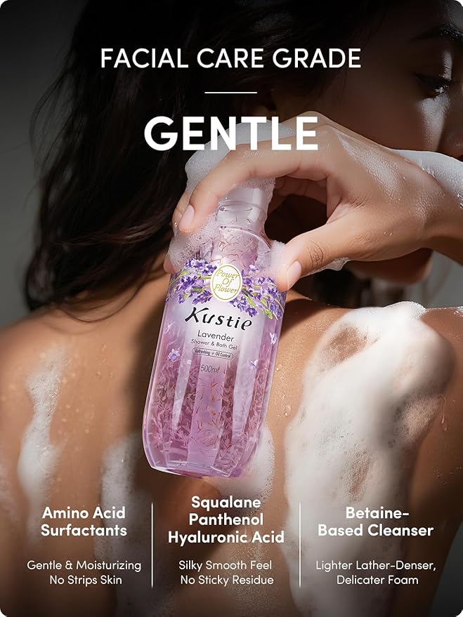 Kustie Petal Body Wash – Lavender Petals, Tea Tree Oil, Squalane & Hyaluronic Acid | Acne-Fighting, Calming & Hydrating Cleanser | Vegan, Sulfate-Free for Sensitive & Oily Skin, 16.9 fl oz