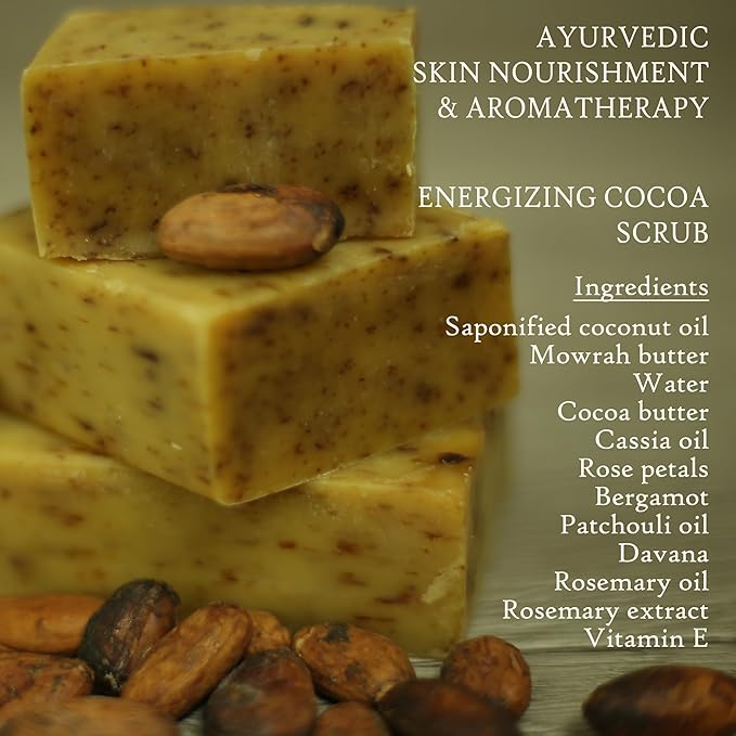 Prabhuji's Gifts Saucha Bar Soap – Energizing Cocoa Scrub – Ayurvedic Natural Coconut Oil & Essential Oils Vegan Soap Nourishing & Beautifying for Women and Men - 3 count x 3.5 oz each
